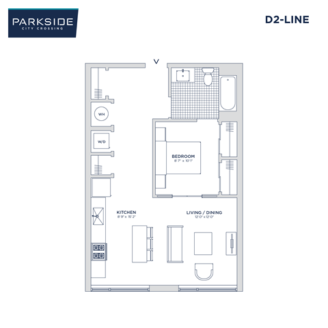 Floor plan for studio, 1 bath, 596 sqft